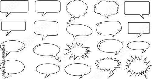 Collection of hand drawn speech bubbles and thought balloons sketchy silhouette style
