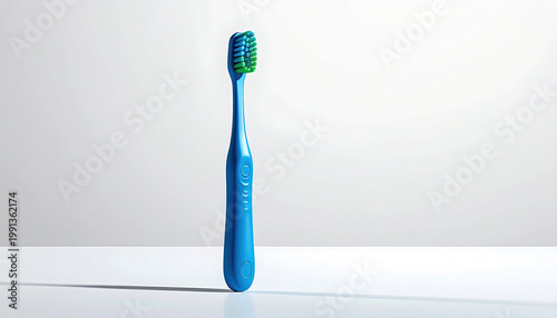 Blue and Green Toothbrush Standing Upright on White Background