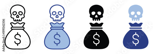 Skull and money bag icon signifying financial risk and dangerous wealth, ideal for business warning signs