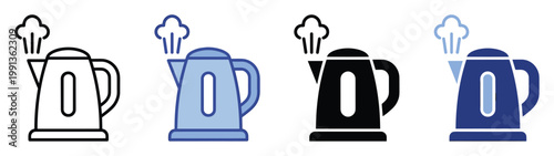Electric kettle icons with steam for kitchen apps, hot beverage menus, and household appliance guides.