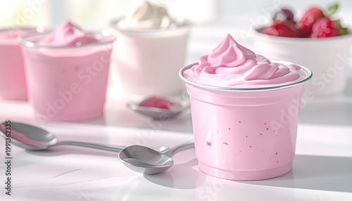 Delicious Pink Strawberry and Vanilla Yogurt Cups with Spoons and Berries