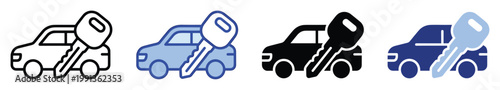 Automotive vehicle with key icons for car rental or purchase service applications and ownership concepts