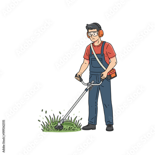Cartoon Gardener Using Hedge Trimmer on Grass in Safety Gear