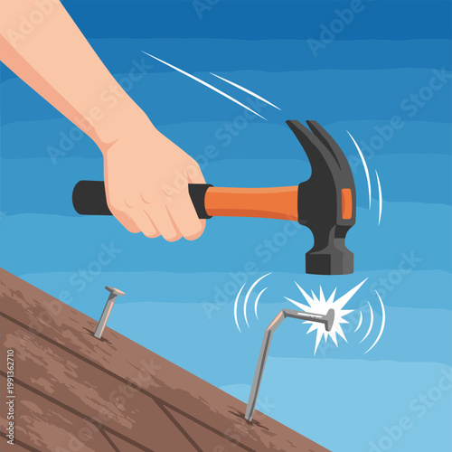 Hand Hammering Bent Nail Into Wooden Plank