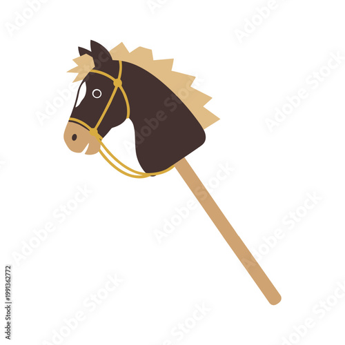 Black and Tan Stick Horse Toy with Yellow Bridle Rope