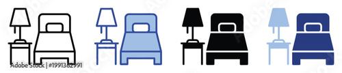 Bedroom furniture icon set featuring a bed and bedside lamp perfect for hospitality and home decor applications