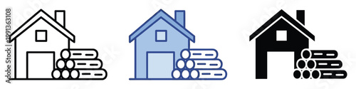 Home heating concept with firewood logs, house and woodpile icons for sustainable energy and winter preparation applications
