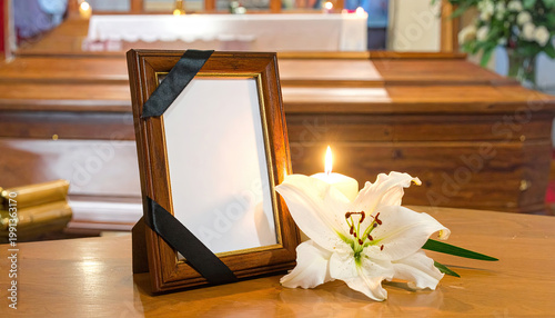 Blank Photo Frame with Black Ribbon, Candle, and Lily at Funeral