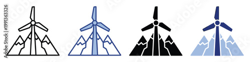 Wind turbine and mountains icon representing clean energy for environmental sustainability projects and ecofriendly branding