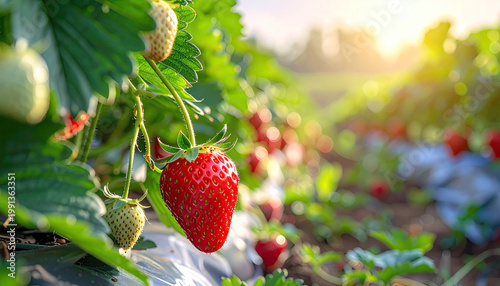 Ripe and Unripe Strawberries Growing in a Sunny Garden Field