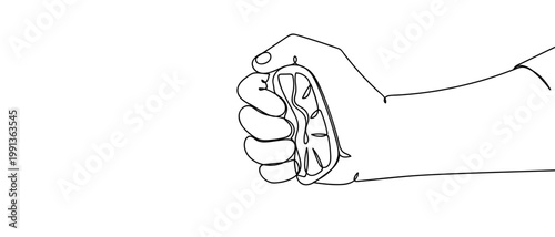 My hand is squeezing lemon juice. in continuous one line drawing. Minimalistic Doodle vector illustration Editable stroke.