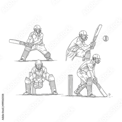 Cricket players in action illustrations
