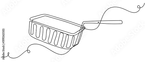 Strainer for scooping fried food in continuous one line drawing. Minimalistic Doodle vector illustration Editable stroke.