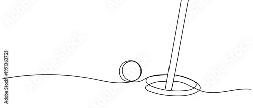 A golf ball heading into the hole. in continuous one line drawing. Minimalistic Doodle vector illustration Editable stroke.