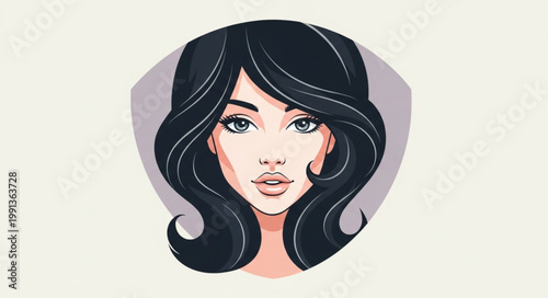 Beautiful Woman Portrait Illustration with Wavy Black Hair.