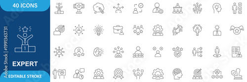 Expert Icon Set. Containing Competence, Expertise, Knowledge, Skill, Specialist, Experience, Advice, Professional, Consultant and More. Editable Stroke. Vector Illustration