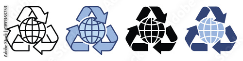 Earth globe inside a recycling symbol depicting global sustainability and environmental conservation icons and logos