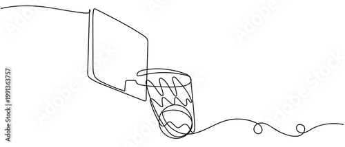 A basketball going into the hoop. in continuous one line drawing. Minimalistic Doodle vector illustration Editable stroke.