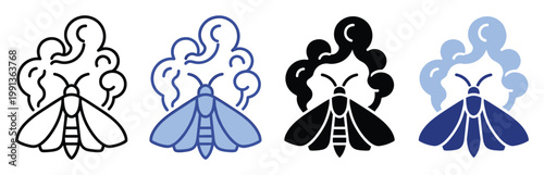Stylized vector moth icons with a swirling smoke or cloud effect representing insect activity for various graphic uses