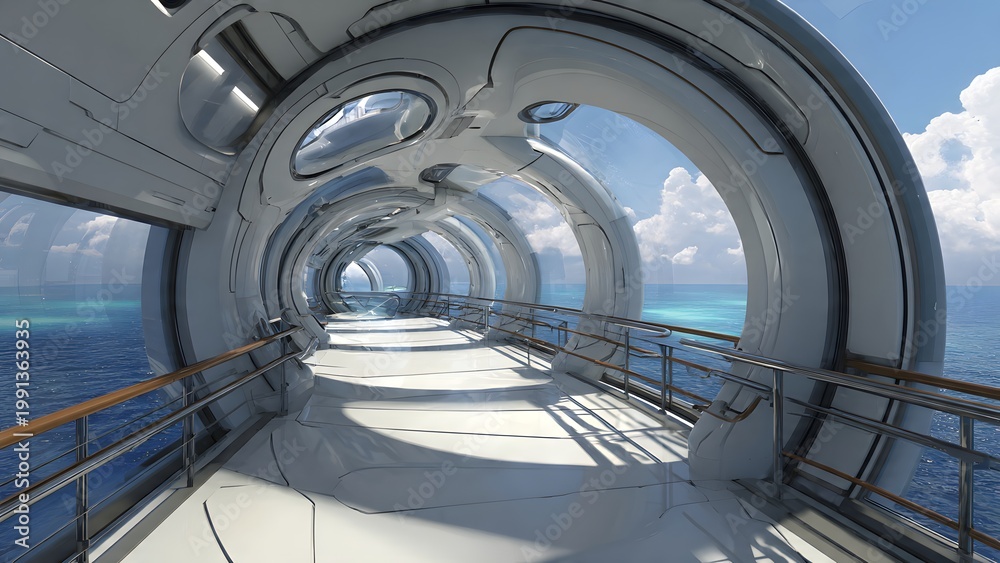 Fototapeta premium Futuristic Circular Corridor Overlooking Ocean