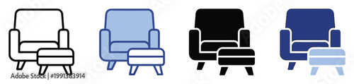 Modern and cozy armchair with ottoman icons in outline, filled, and duotone variations for contemporary furniture, home decor, and living space themes