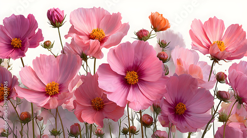 Beautiful pink and white flowers bloom alongside yellow cosmos in a sunny summer garden, showcasing a macro blossom with delicate petals in a natural floral plant display
