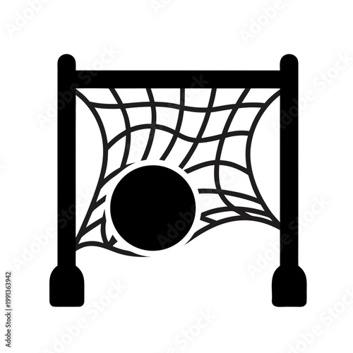 Soccer goal icon with ball hitting the net, black and white football vector illustration, sports achievement and scoring success symbol