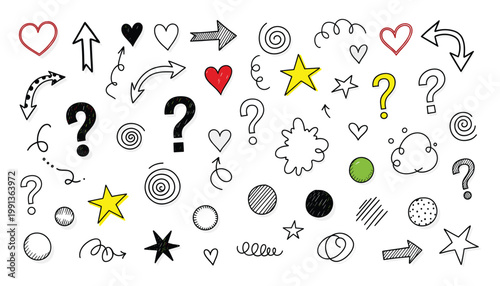 Hand drawn doodle symbols including hearts arrows question marks and stars useful for creative projects and graphic design
