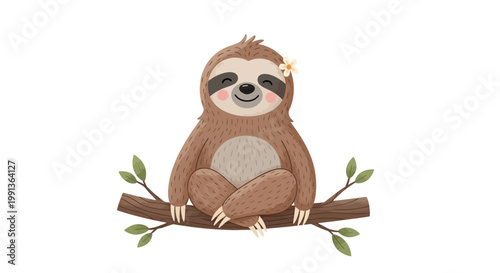 Cute Smiling Sloth Sitting on Tree Branch with Flower Decor