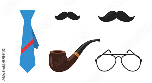 Set of Gentleman Accessories Including Necktie Mustache Pipe and Glasses.