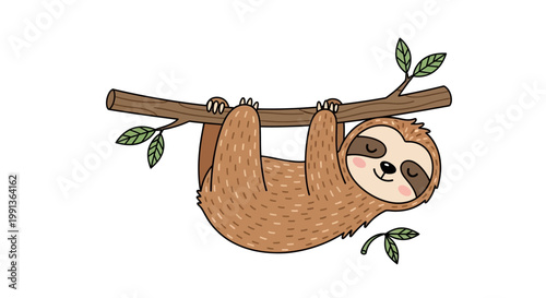 Cute Cartoon Sloth Hanging Lazily on Tree Branch Illustration