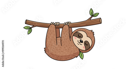 Cute Cartoon Sloth Hanging Lazily on Tree Branch Illustration