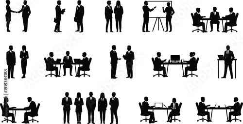 Business meeting silhouette set teamwork negotiation presentation discussion corporate office people partnership leadership conference vector black professional scenes collection