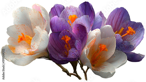 Beautiful macro close-up of purple crocus flowers with delicate violet petals blooming in spring nature, isolated on a white background to highlight their floral beauty