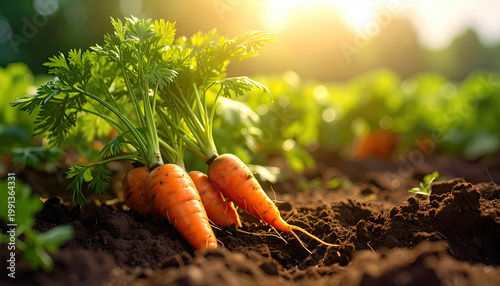 Freshly harvested organic carrots in fertile garden soil at sunset.