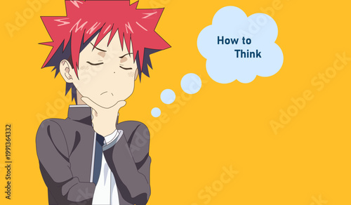 Anime style boy thinking with hand on chin creative idea concept illustration background design