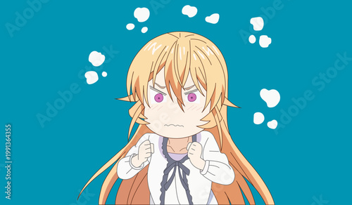 Angry chibi anime girl with long blonde hair clenched fists frustrated expression on teal background