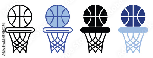 Professional basketball and hoop icons for sports applications and athletic event branding