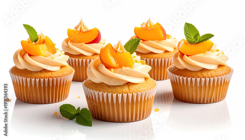 Delicious peach and mint cupcakes with creamy frosting on white background