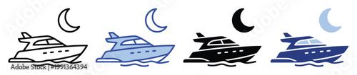 Modern yacht and crescent moon icon set perfect for maritime navigation apps or luxury travel advertisements