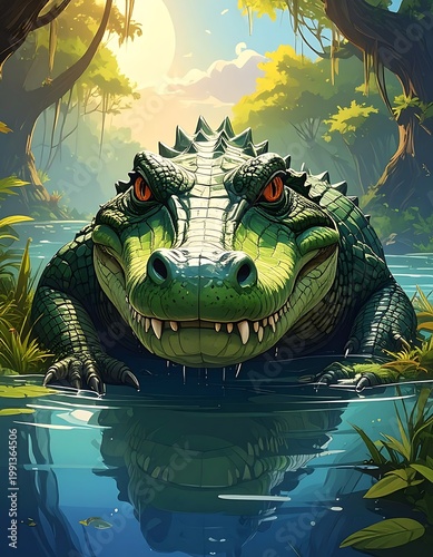 A large green crocodile in a swampy environment