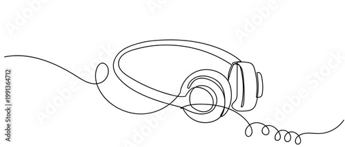 Headphones used for listening to a tape player. in continuous one line drawing. Minimalistic Doodle vector illustration Editable stroke.