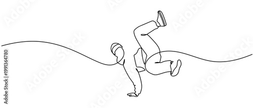 The man is dancing while supporting himself with one arm. in continuous one line drawing. Minimalistic Doodle vector illustration Editable stroke.