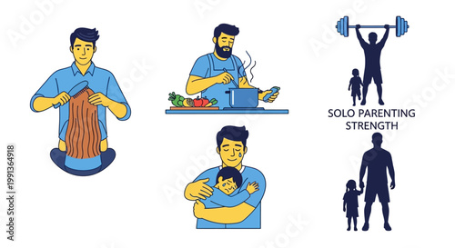 Set of illustrations depicting a dedicated single father performing daily parenting and domestic tasks.