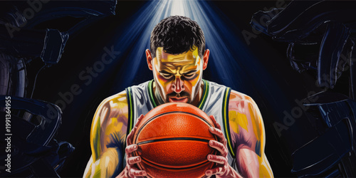 Dramatic basketball player under spotlight holding ball in wheelchair arena, powerful adaptive sports illustration
