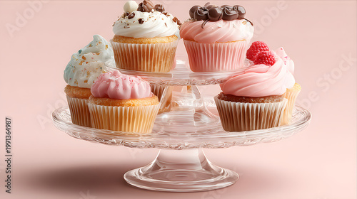 Delicious pink birthday cupcakes with chocolate frosting and whipped cream are decorated with sprinkles for a sweet party celebration at the bakery