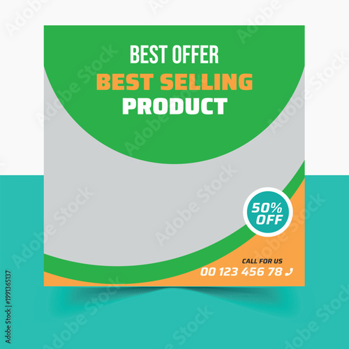 Social media post a promotional advertisement template with a green and orange design offering a best selling product at 50 percent off with a call for more information template