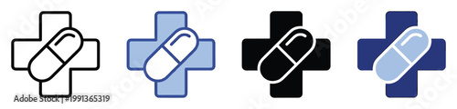 Medical cross icon set with a capsule pill representing pharmacy and healthcare services, perfect for medical applications and healthrelated content