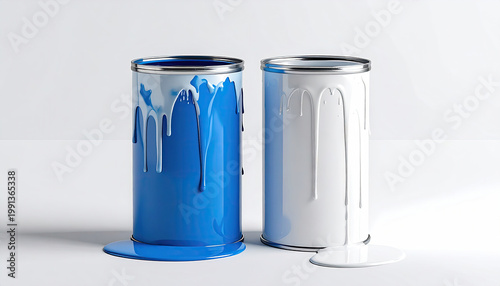 Messy Blue and White Paint Cans Dripping Against White Background