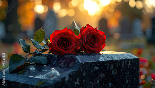 Two Vibrant Red Roses Rest on a Dark Memorial Stone at Sunset
